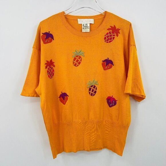 Vintage Escada Size 40 Medium Yellow Novelty Fruit Embroidered Sweater Top - Picture 1 of 8